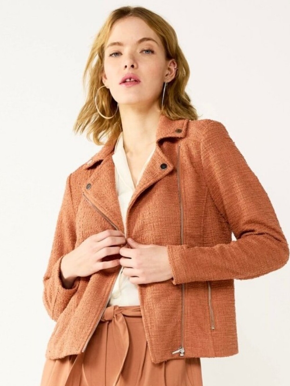 Nine West Terra Cotta Tweed Textured Moto Jacket Womens Size XS